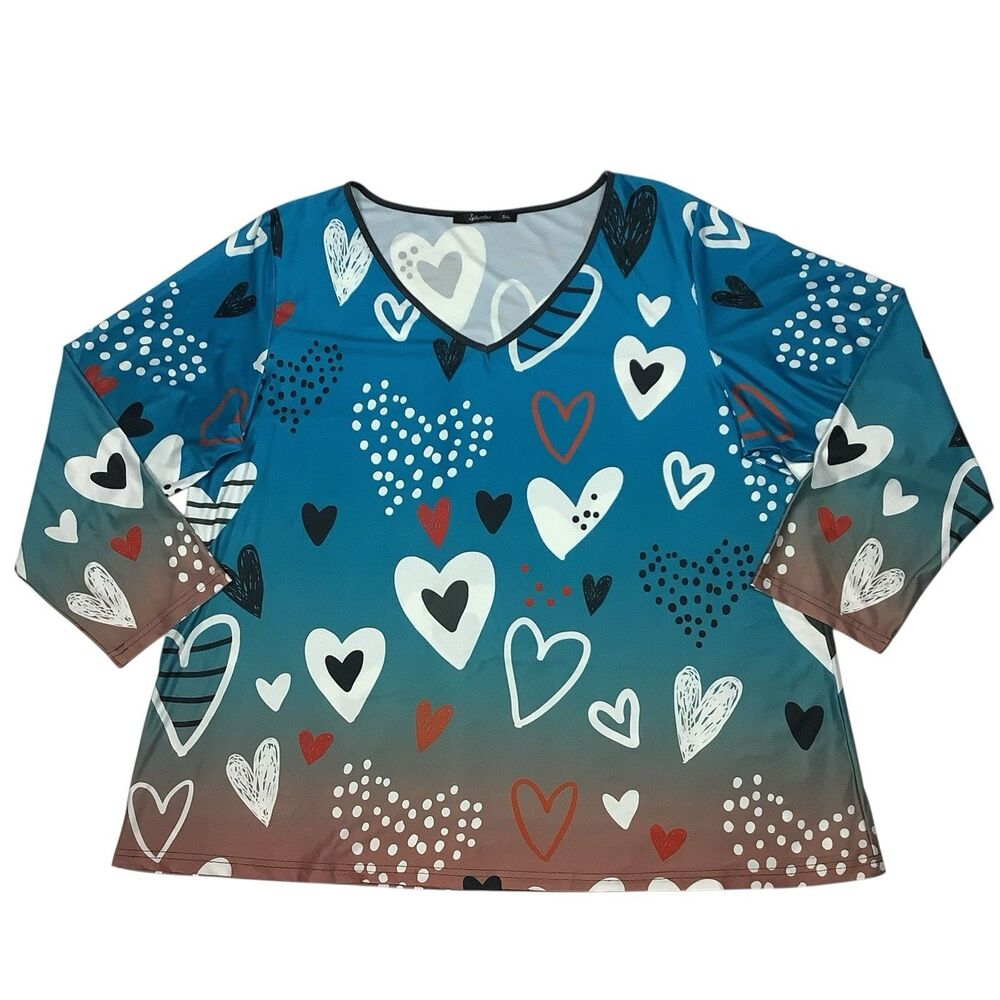 Sakurafina Heart Print 3/4 Sleeve V-Neck Jersey Top Women 3XL Blue Tan Black Red